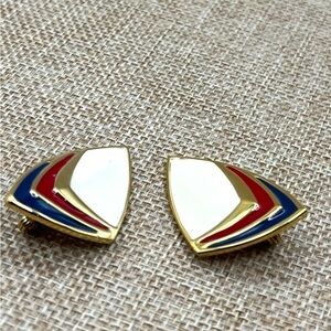 Vintage Monet Red Blue White Gold Enamel Lobe Clip Earrings Estate Jewelry 🇺🇸